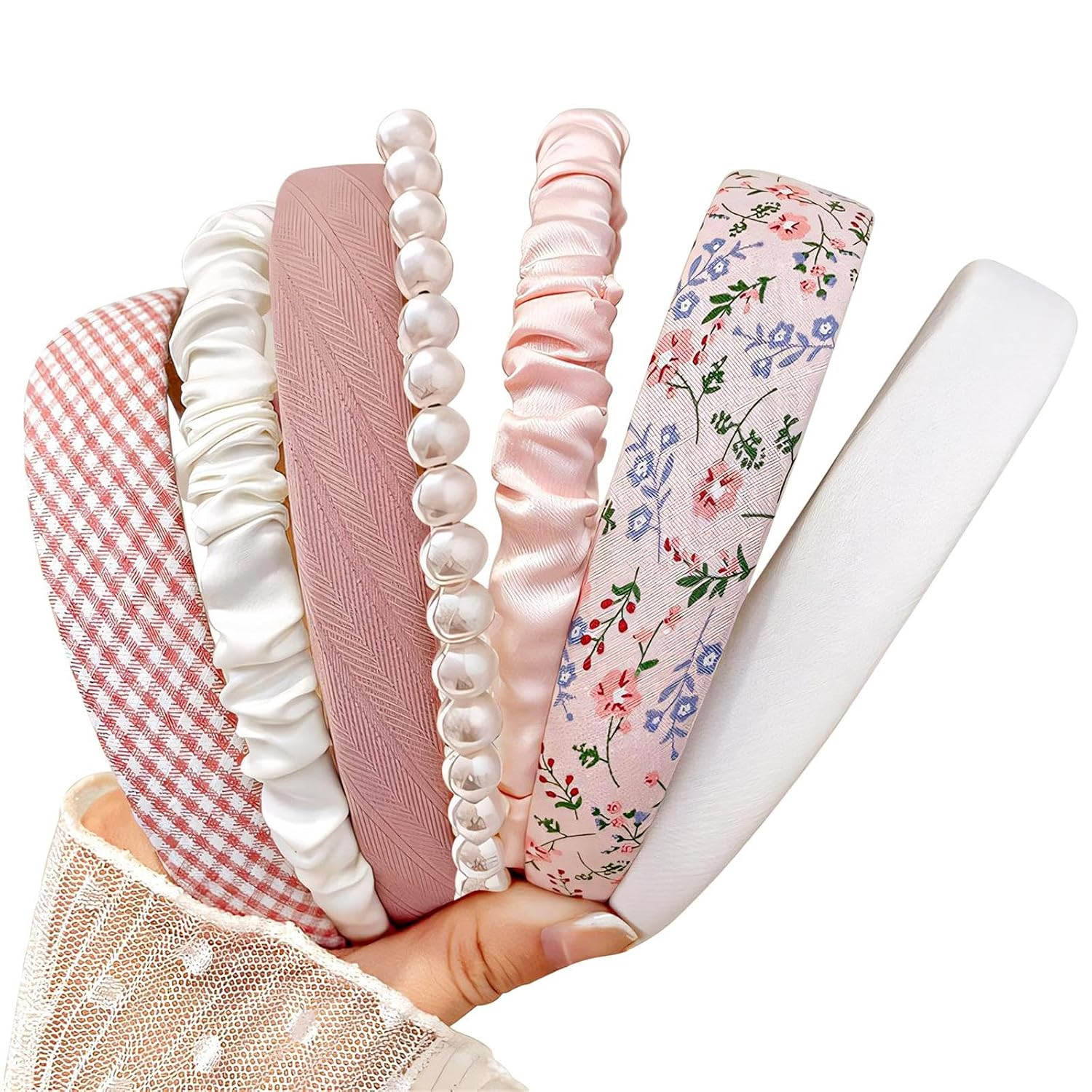 Headbands for Women Girls, 7pc Set - Non Slip Floral Padded Headbands Cute Pearl Headband for Girls Vintage Wide Headband | Amazon (US)