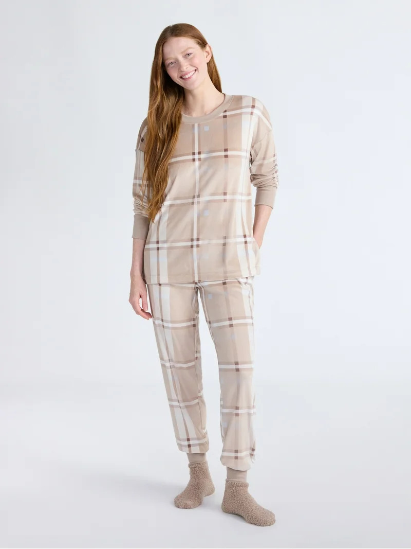 Joyspun Women’s Stretch Velour Long Sleeve Top, Pants, and Socks Pajama Set, 3-Piece, Sizes XS-... | Walmart (US)