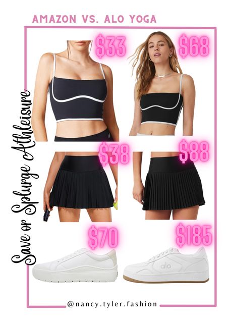 Save vs Splurge Athleisure! Amazon compared to Alo Yoga saves you about $200! 😱 Tennis skirts, white and black sports bra, trendy athleisure, affordable athleisure, white sneakers, white walking shoes, white walking sneakers, black tennis skirt, black pickleball skirt, black pleated skirt, sporty fashion, mom weekend look, mom sports look, mom weekend outfit ideas 

#LTKFindsUnder50 #LTKFitness #LTKActive