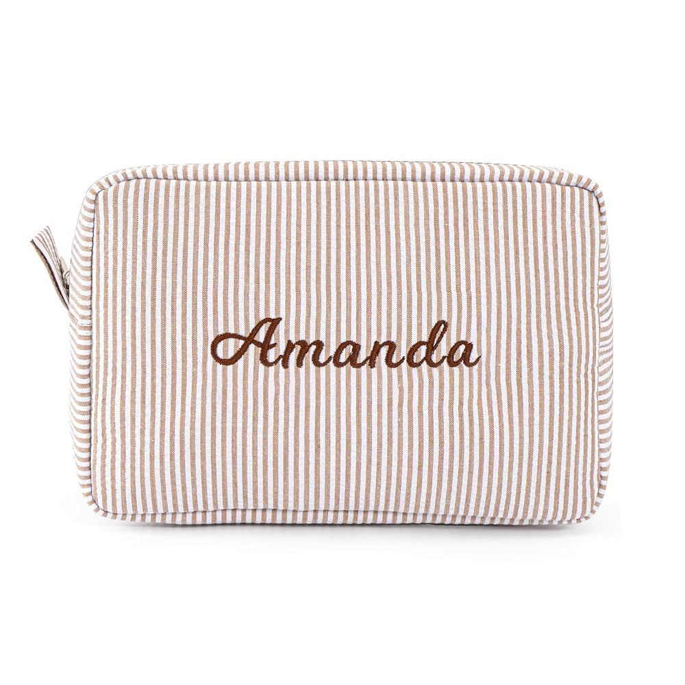 MT WORLD Cosmetic Bag Personalized Makeup Bag for Women Girls Seersucker Preppy Bridesmaid Makeup... | Amazon (US)
