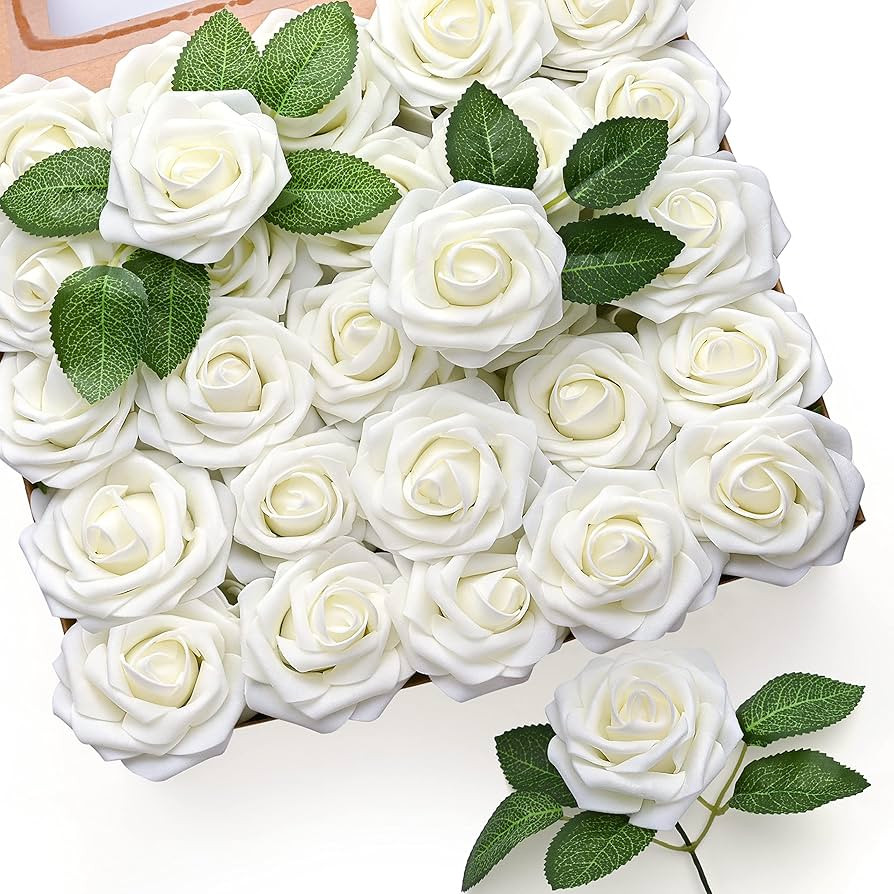 Mocoosy 50Pcs Artificial Rose Flowers, Ivory White Fake Roses for Decorations, Real Looking Foam ... | Amazon (US)