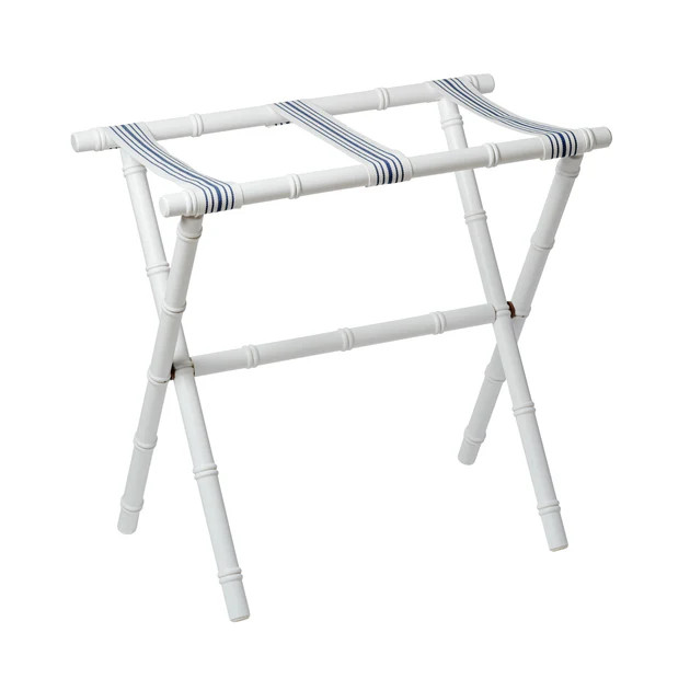 Resort Bamboo Luggage Rack - White with Navy Stripe Straps | Cailini Coastal