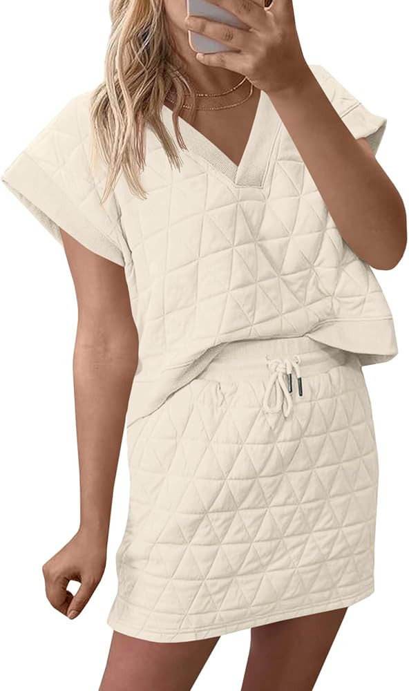 Fisoew Womens Argyle 2 Piece Outfits Skirt Sets Short Sleeve V Neck Tops and Casual Mini Skirts L... | Amazon (US)