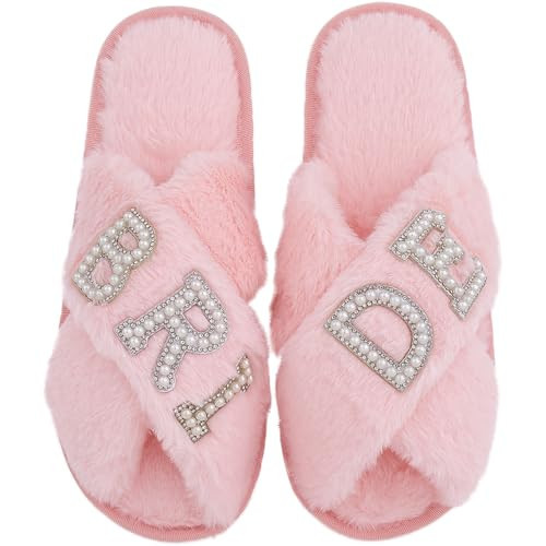 Bride Slippers for Wedding Day, Bride To Be Bridal Shower Gift for Women Bridesmaids, Personalized BRIDE Pearl Letter Open Toe Fuzzy Flip Flops, Getting Ready Outfit, Bachelorette Party | Amazon (US)