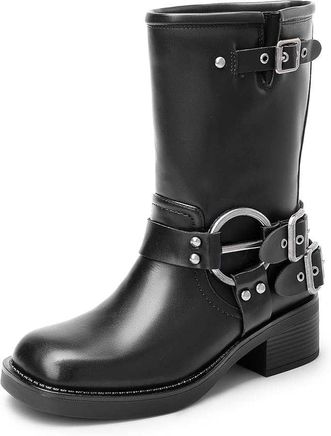 DREAM PAIRS Mid Calf Boots for Women, Square Toe Motorcycle Boots with Buckles, Women's Riding Bi... | Amazon (US)