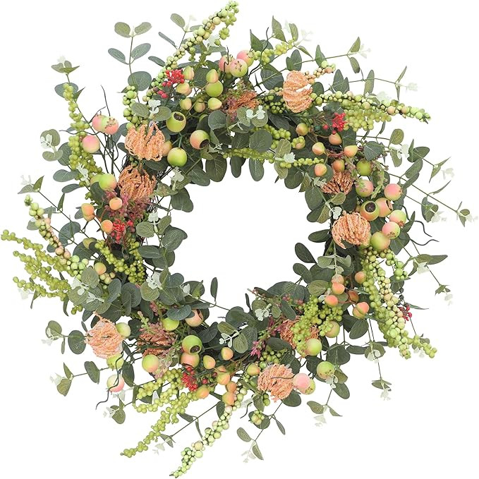 ChrisXiao Wreaths for Front Door 24 inch, Handmade Eucalyptus Leaf Wreaths, Buds, Small Berries, ... | Amazon (US)