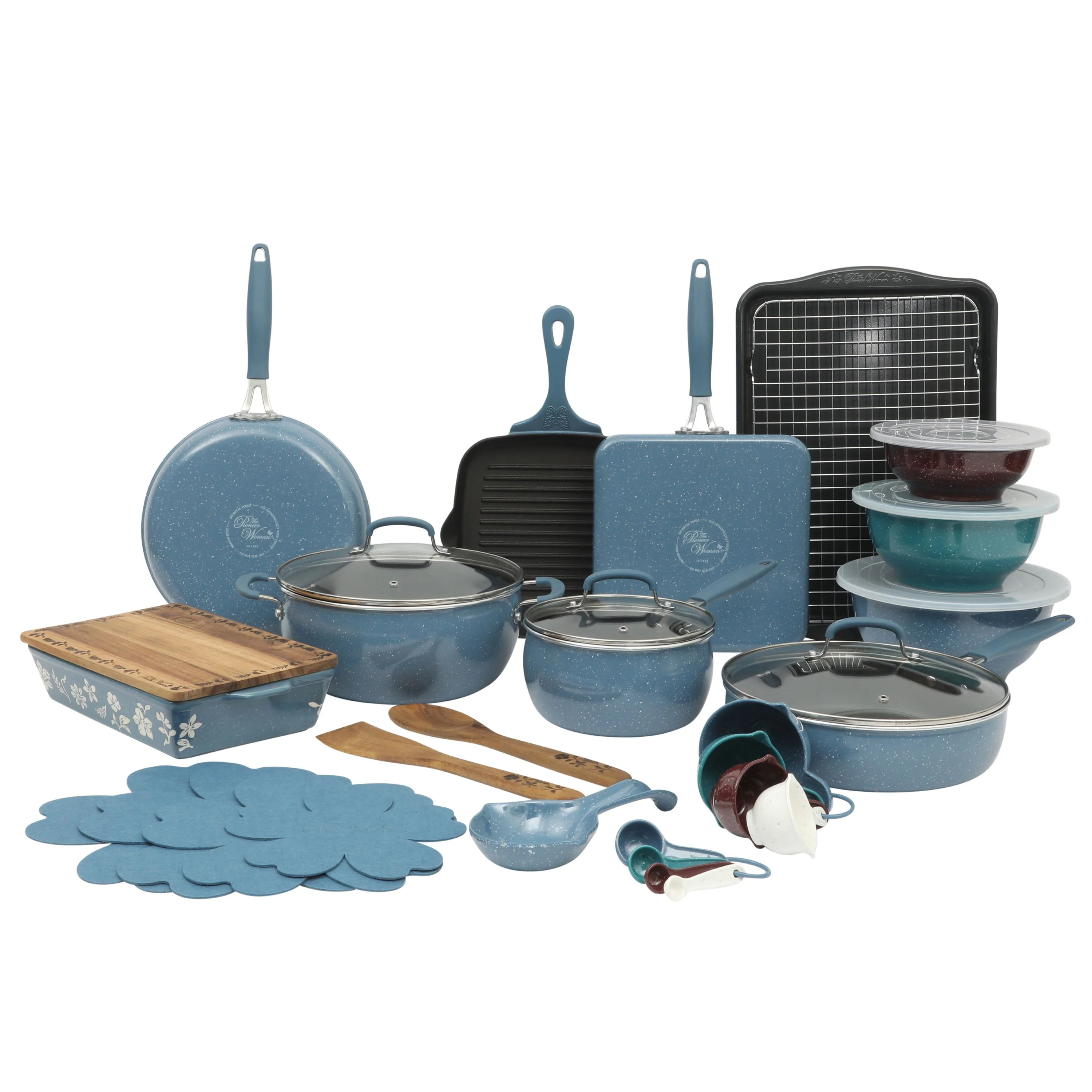 The Pioneer Woman Speckle Denim 34-Piece Aluminum Cookware Combo Set | Walmart (US)