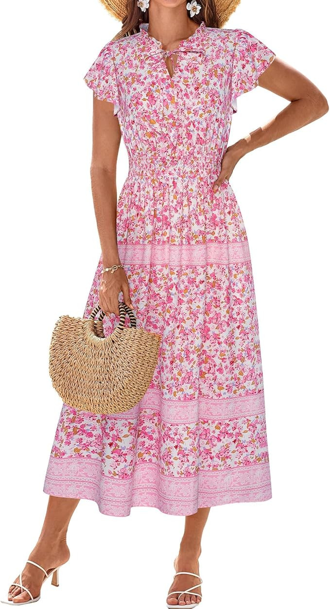 GRACE KARIN Women's Floral Boho Dress Hawaiian Dresse Short Sleeve V Neck Summer Beach Wedding Gu... | Amazon (US)