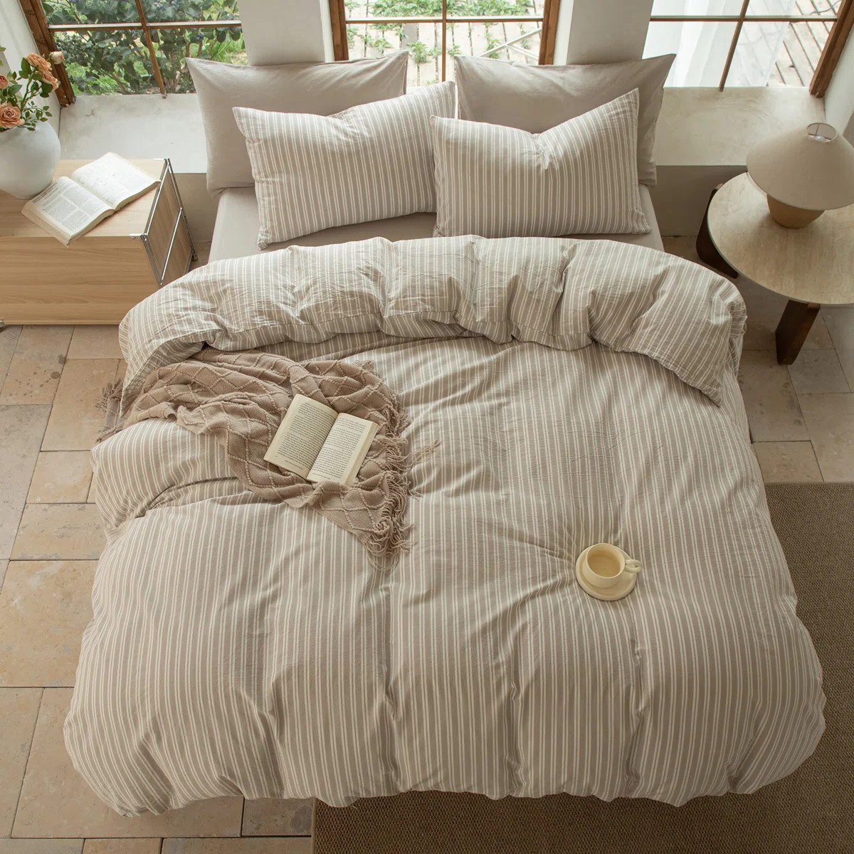 DONEUS Striped Duvet Cover Set 100% Washed Cotton Linen Like Soft Feelling Breathable Bedding | Wayfair North America