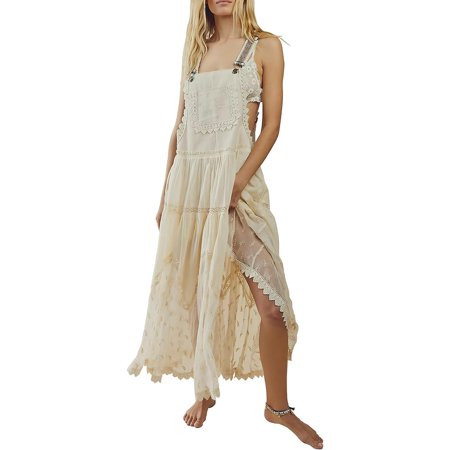 Chouyatou Women s Laced Embroidered Tulle Bib Dress Casual Loose Adjustable Straps Maxi Dress(Apricot XS) | Walmart (US)