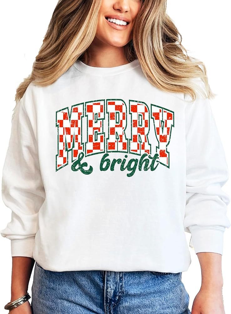 Merry and Bright Sweatshirt Retro Green and Red Check Christmas Pullover | Amazon (US)