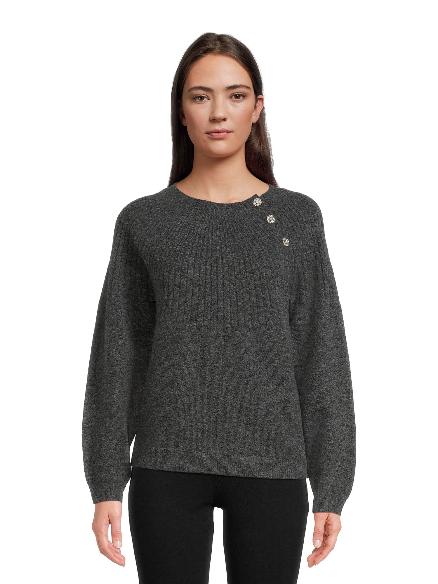 Time and Tru Women's Pullover Sweater with Jewel Like Buttons, Midweight, Sizes S-XXXL - Walmart.... | Walmart (US)