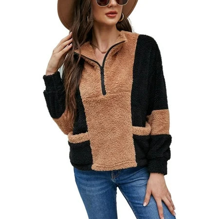 Color Block Teddy Zip Up Sweater Brown Medium | Walmart (US)