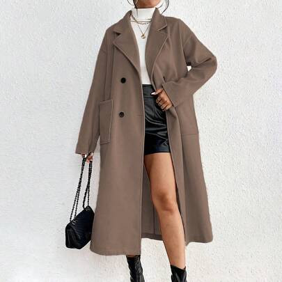 Women's Solid Color Dual-Breasted Pocket Long Sleeve Overcoat, Autumn/Winter | SHEIN