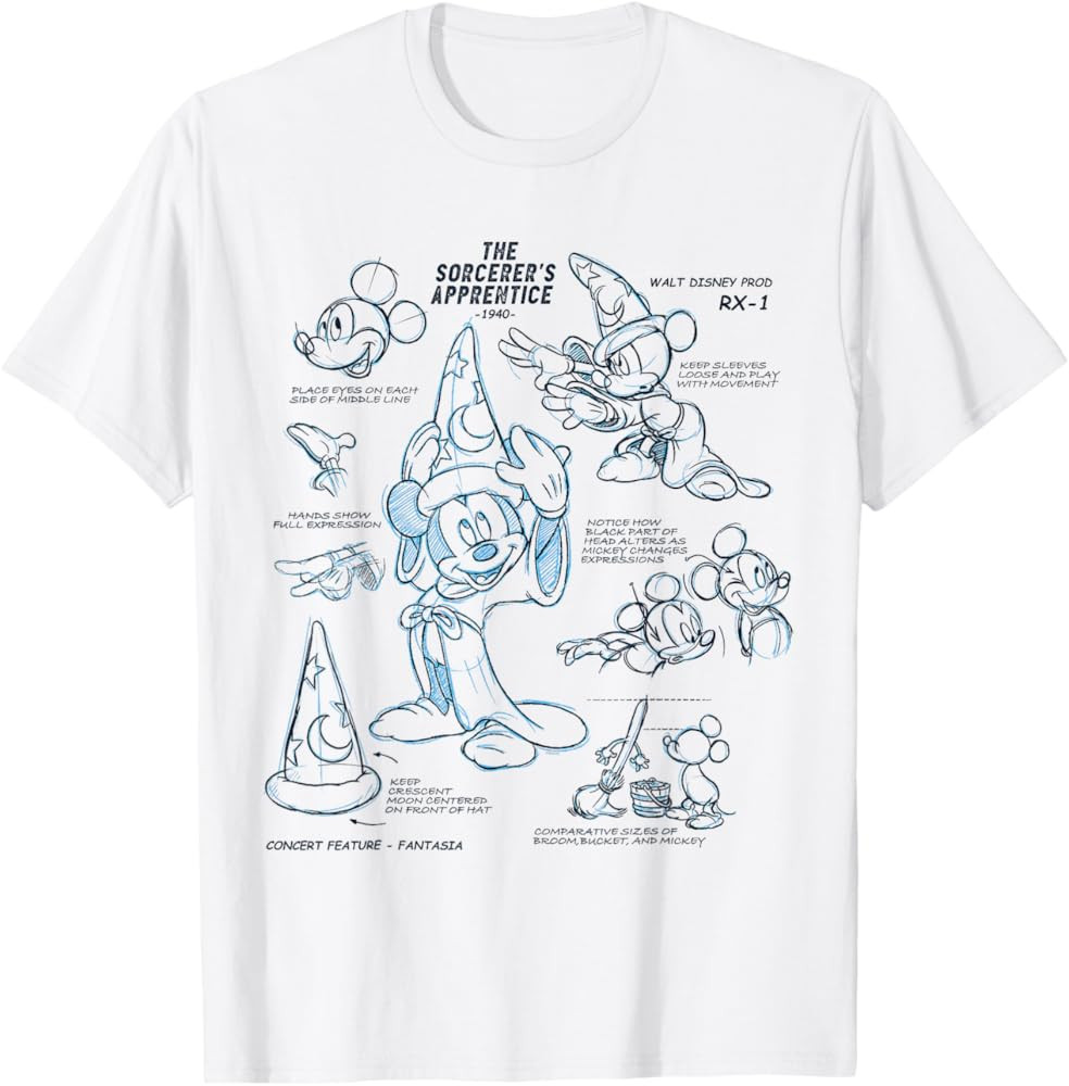 Disney Ink and Paint Sorcerer Mickey Mouse Model Sheet 1940 T-Shirt | Amazon (US)