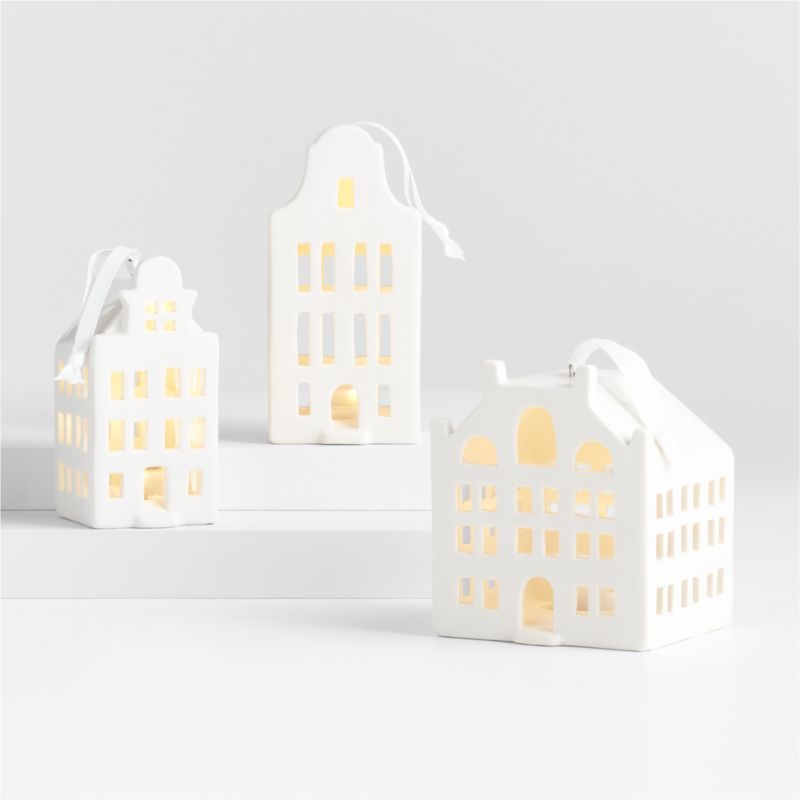 White Ceramic Canal House Christmas Tree Ornaments, Set of 3 | Crate & Barrel | Crate & Barrel