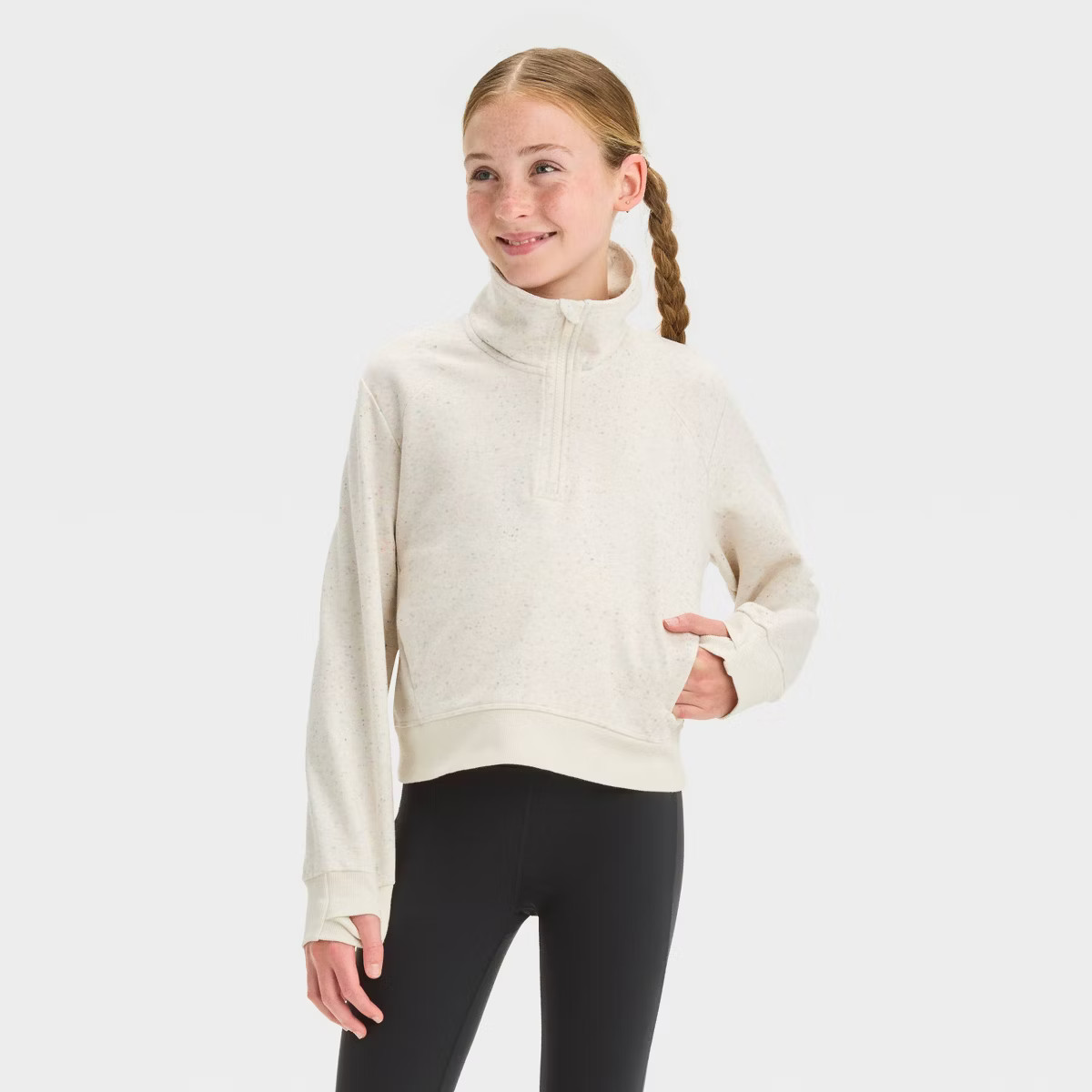 Girls' 1/2 Zip Fleece Pullover Sweatshirt - All In Motion™ Heather Cream S | Target