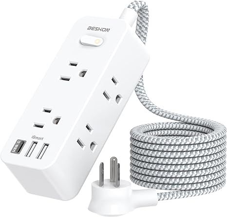 BESHON Power Strip Surge Protector, 5Ft Extension Cord, 6 Outlets with 3 USB Ports(1 USB C Outlet... | Amazon (US)