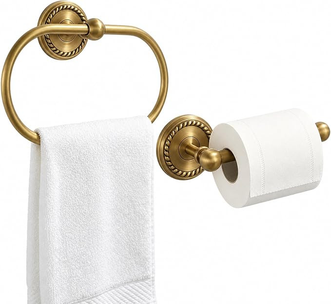 2-Piece Antique Brass Toilet Paper Holder & Towel Ring Set | Vintage Elegant Wall Mounted Retro B... | Amazon (US)
