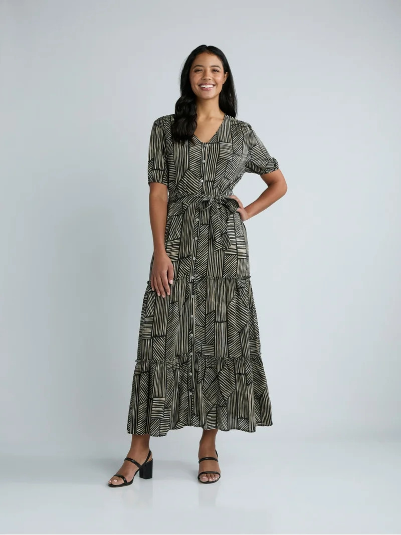 Time and Tru Women's Crinkle Maxi Dress with Short Sleeves, Sizes XS-XXXL | Walmart (US)