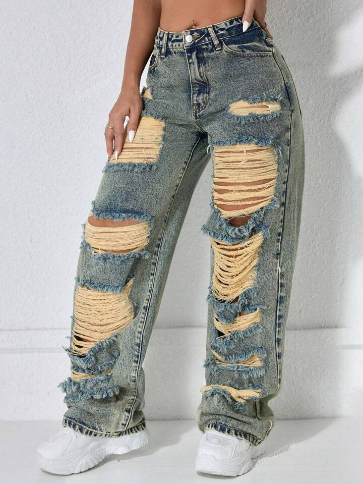 High Waist Street Vintage Trending Cassual Basic Grey Ripped Vent Waisted Slanted Pocket Slit Str... | SHEIN