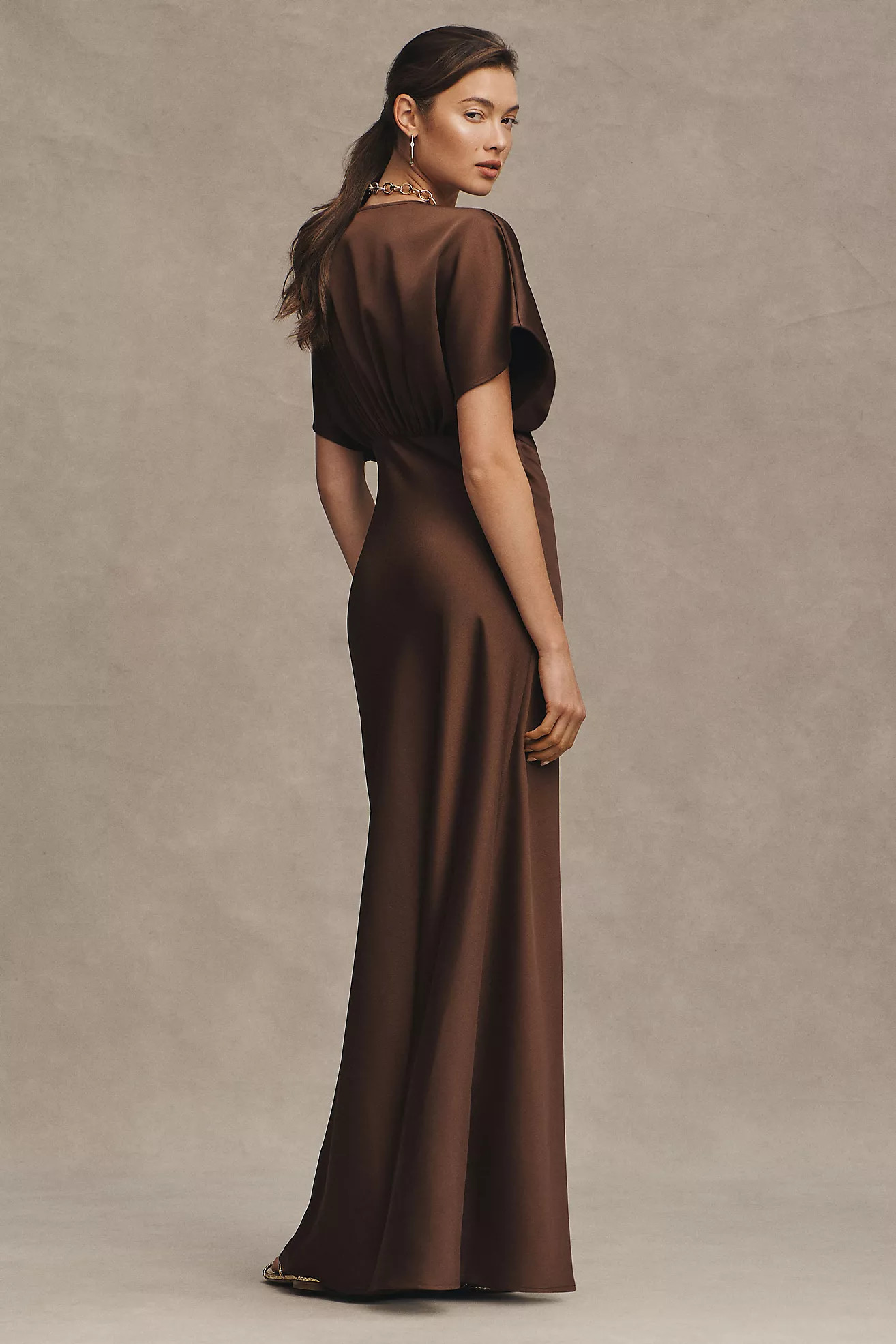 BHLDN Leila Deep-V Flutter-Sleeve Satin A-Line Gown | Anthropologie (US)