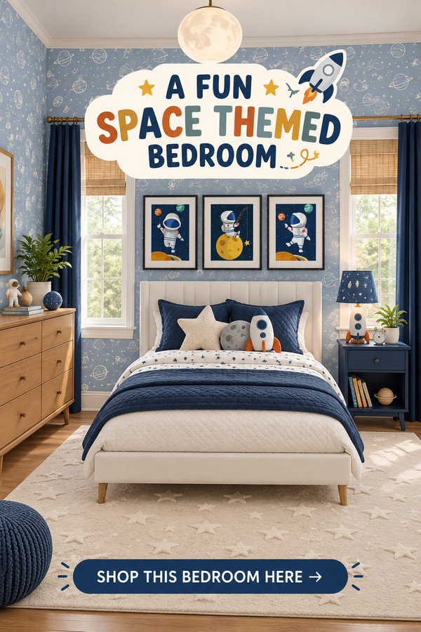 Create a fun space themed toddler bedroom with playful rocket wallpaper, astronaut wall art, cozy navy bedding, a star r