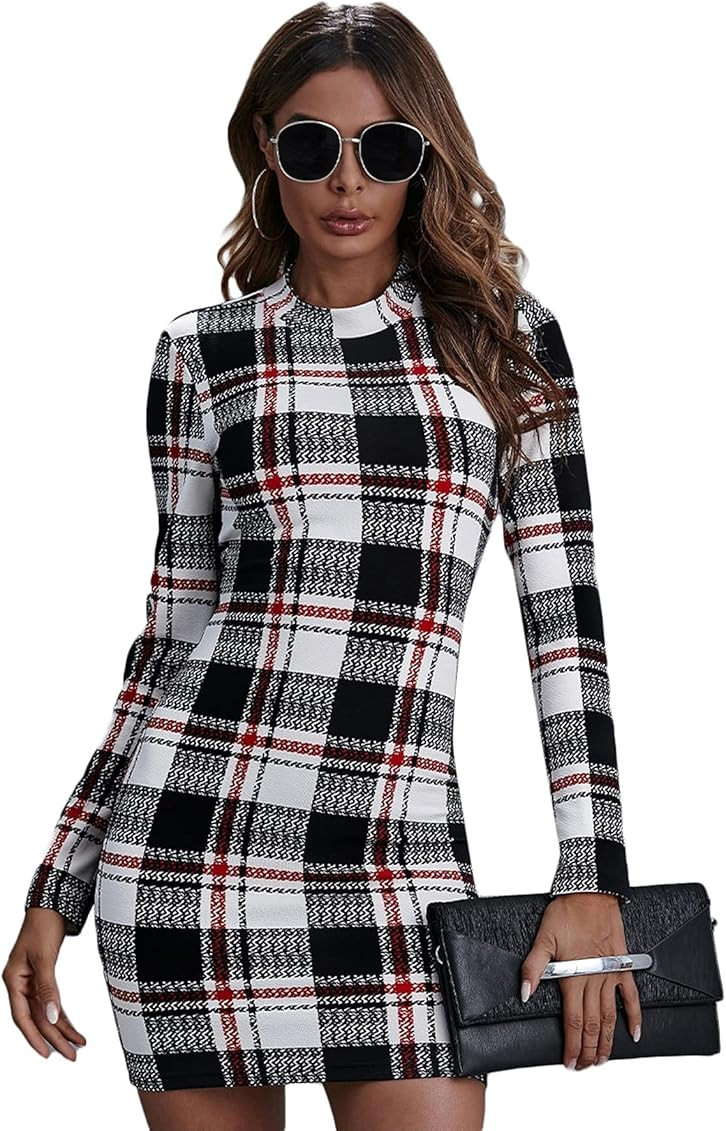 SheIn Women's Casual Mock Neck Long Sleeve Plaid Pencil Mini Party Bodycon Dress | Amazon (US)