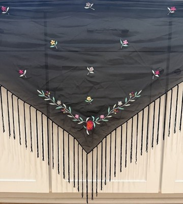 Antique Sheer Black Silk Embroidered Piano Shawl Long Fringe Flowers 67x26" | eBay US