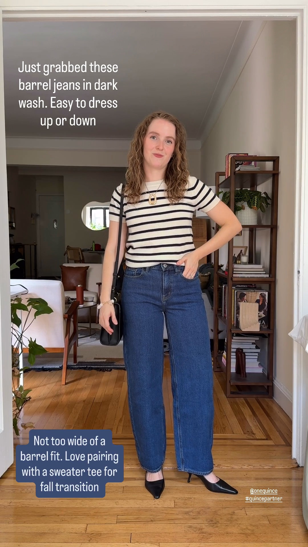 Fall @Quince outfit. Timeless fall outfit for women. Wearing small in stripe cashmere tee (size up 1) barrel jeans are 25 regular (I’m 5ft 2) #quincepartner

#LTKSaleAlert