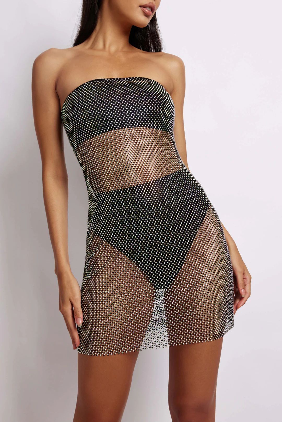 Charity Diamante Mesh Mini Dress - Black | MESHKI US