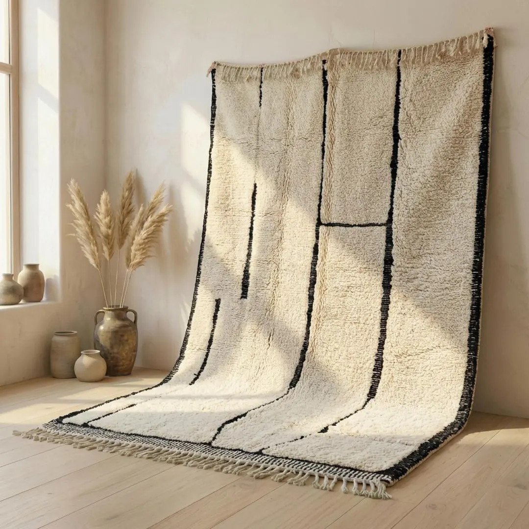 Minimalist Beni Ourain Rug – Handmade Moroccan Wool Rug, Off White Ivory with Black Linear Line... | Etsy (US)