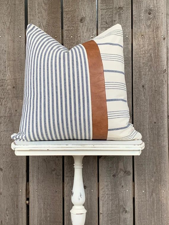 Modern Farmhouse Wide Striped Pillow Cover w/Faux Leather Accent | Woven Stripe Pillow Cover | Cr... | Etsy (US)