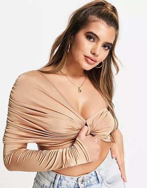 Missguided one shoulder knot front crop top in beige - part of a set | ASOS (Global)