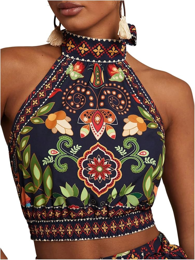 SweatyRocks Women's Boho Summer Halter Crop Tops Sleeveless Shirred Tie Backless Tank Top | Amazon (US)