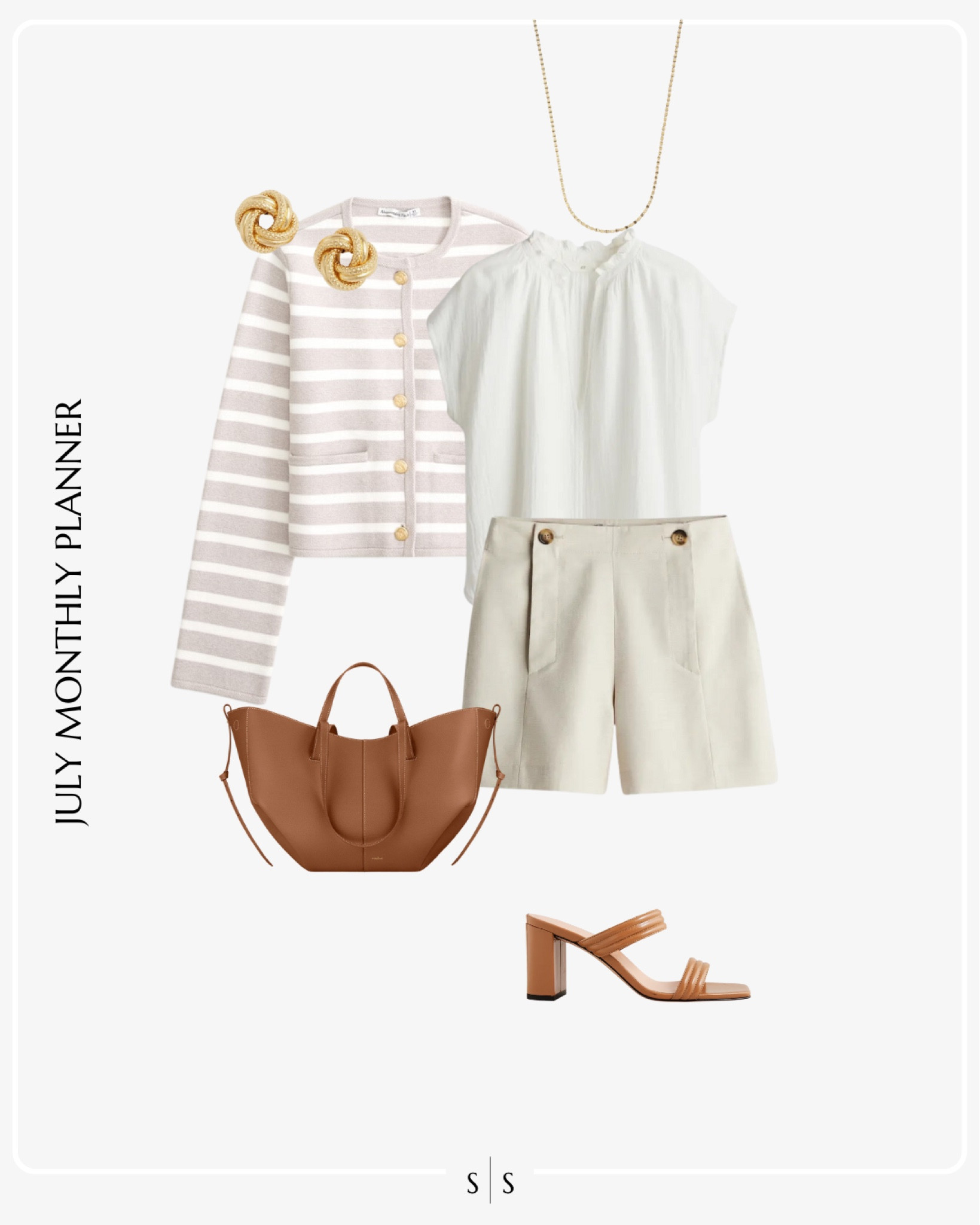 Monthly outfit planner JULY: Summer looks | striped lady jacket,  white blouse, linen shorts, heel sandal, leather tote, gold accessoriess

See the entire calendar on thesarahstories.com ✨ 


#LTKStyleTip