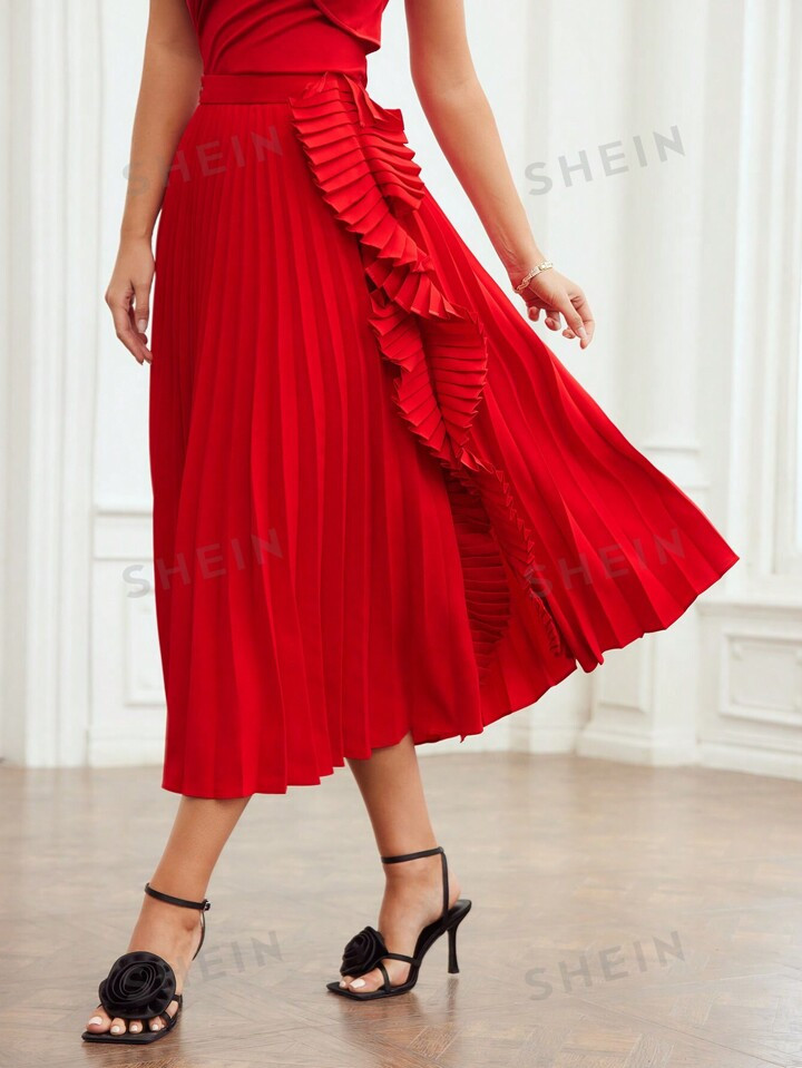 MOTF PREMIUM WOVEN WOMEN'S RUFFLE TRIM PLEATED SKIRT | SHEIN | SHEIN