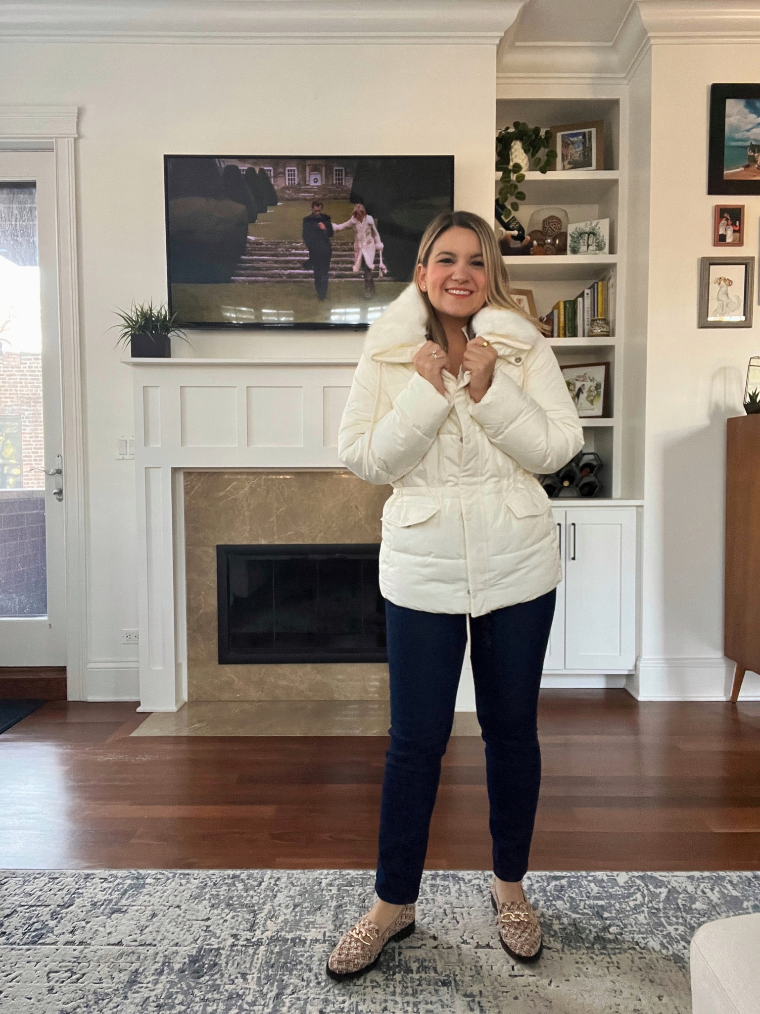 Outfit inspired by The Holiday!
Faux Fur Puffer Jacket - size XS (comes in 4 colors!)
Smocked Top - size petite small and 30% off!’ Great for holiday parties ✨ 
Jeans - petite 4 
Boucle Loafers - 30% off! (So cute in person!)

#LTKCyberweek #LTKSeasonal #LTKHoliday