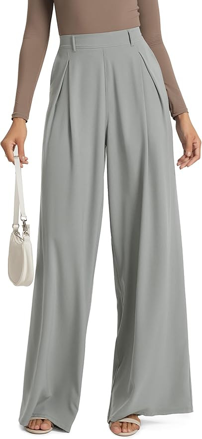 ODODOS Chiffon Flowy Pleated Wide Leg Pants for Women Lightweight High Waist Trouser with Pockets... | Amazon (US)