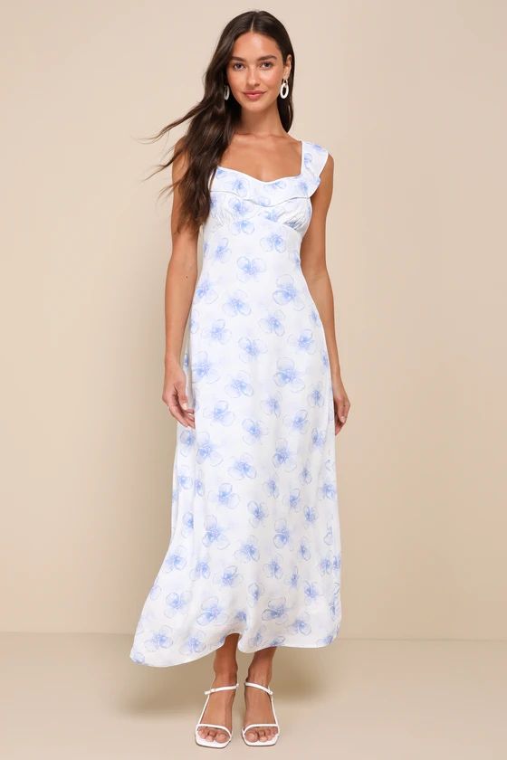 White and Blue Floral Ruffled Midi Dress | White Summer Dress | White Dress Summer | Lulus