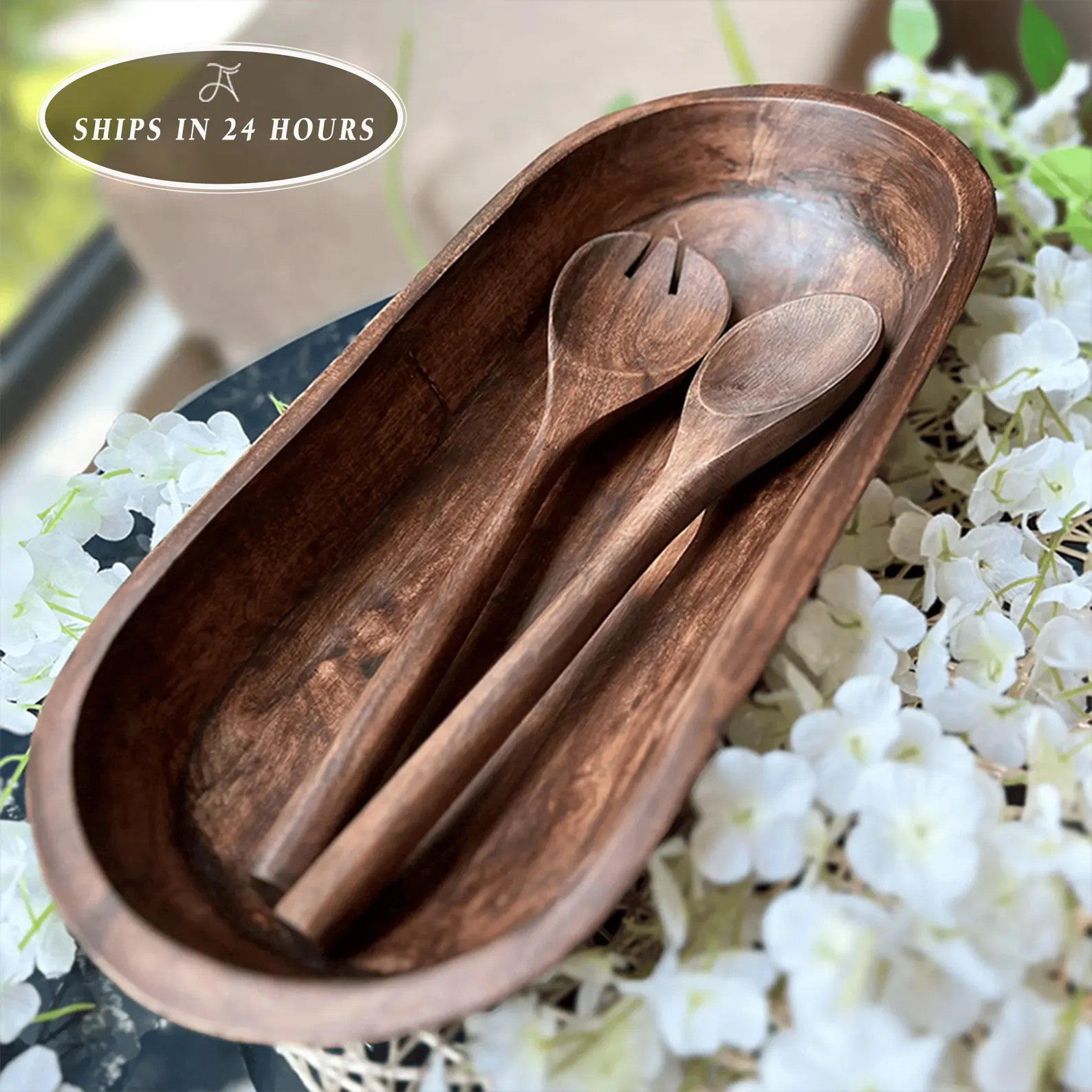 Long Dark Wooden Dough Bowl: Hand Carved Bread Serving Bowl for Holiday Hosting and Rustic Home D... | Etsy (Global)