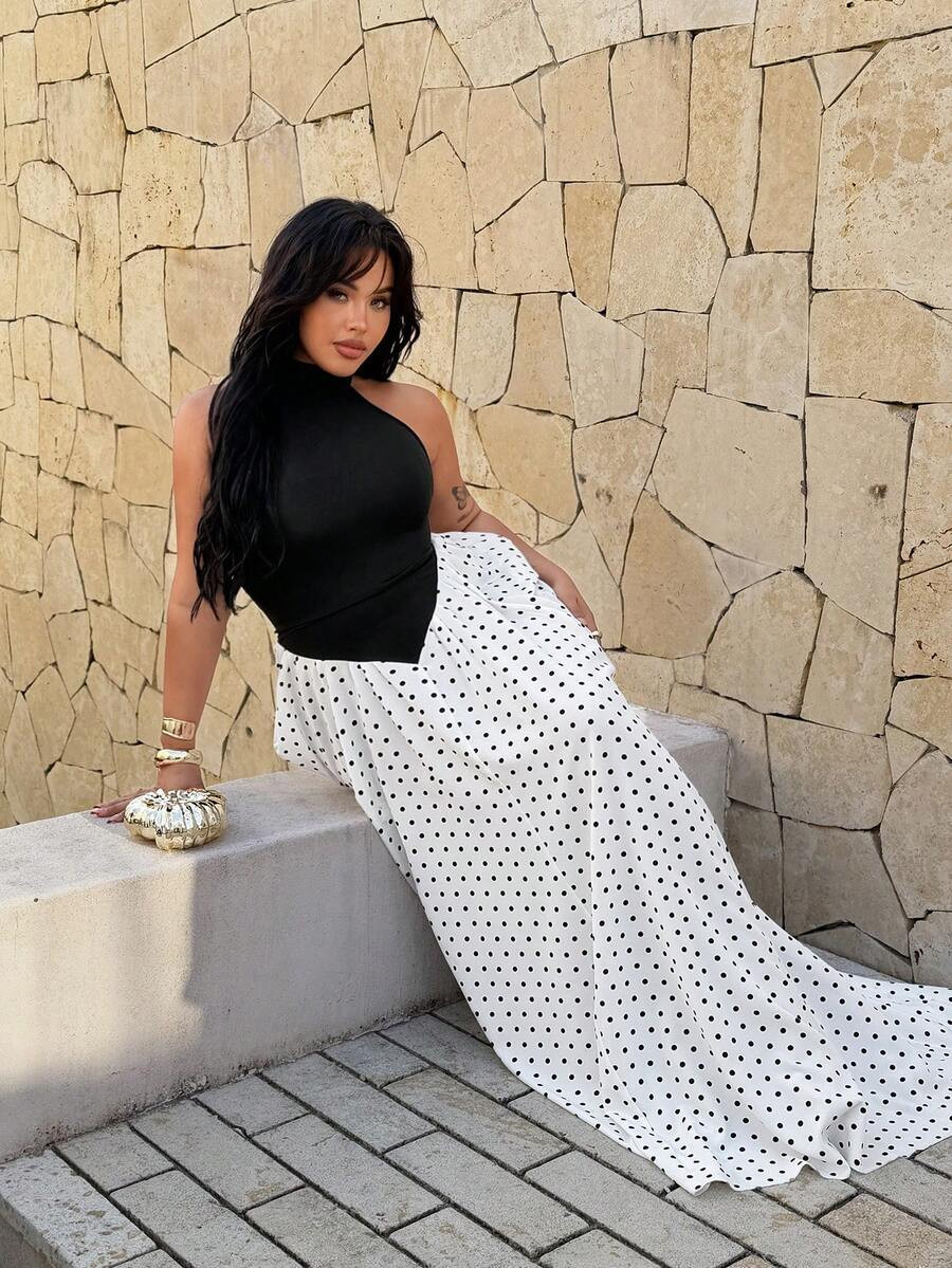 LocalRustia Contrast Color Polka Dot Elegant Minimalist Fitted Long Mermaid Dress | SHEIN