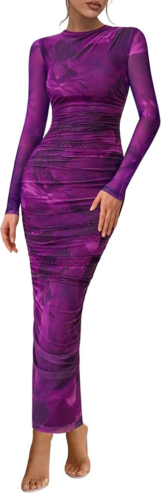 PRETTYGARDEN Womens Long Sleeve Maxi Dresses 2026 Spring Ruched Bodycon Floral Mesh Formal Weddin... | Amazon (US)