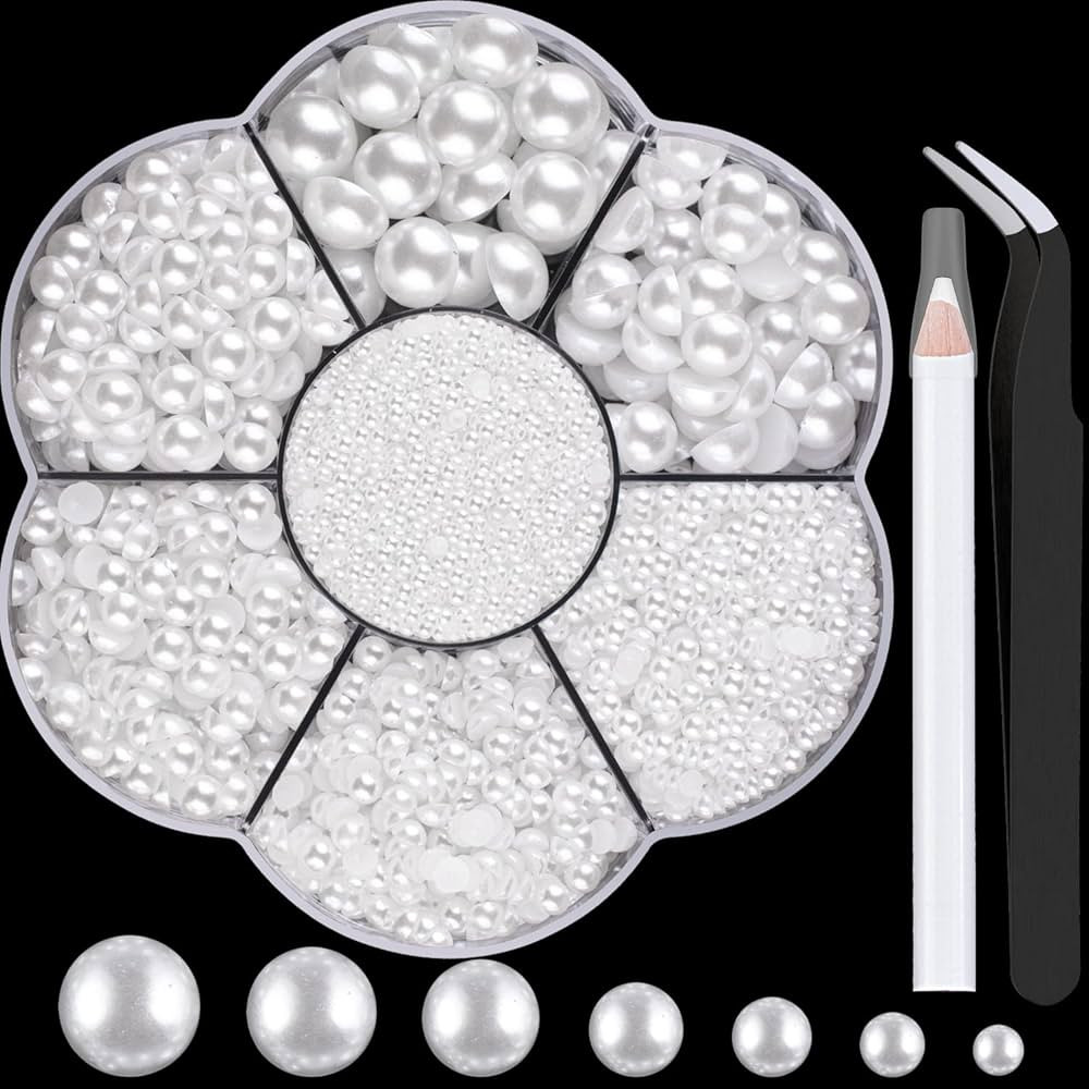 Nail Art Flat Back Half Round Pearl Kits 3, Mixed Sizes 6000 Pcs White Small Pearls for Nails wit... | Amazon (US)