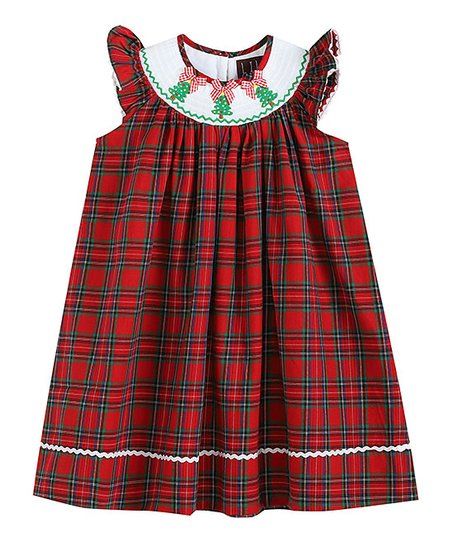 Red & Green Tartan Christmas Tree Angel-Sleeve Bishop Dress - Infant, Toddler & Girls | Zulily