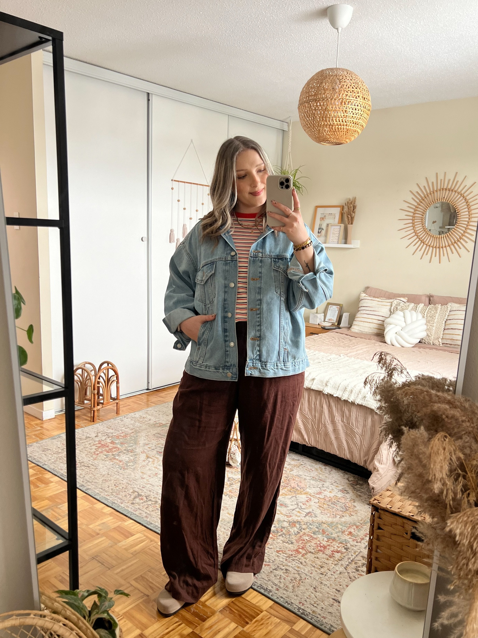Casual spring outfit! Wearing L tall in the dark brown linen pants (Canadian link under “similar products”). Sized up to XL in the striped tee since I have a larger chest and didn’t want it tight. Also sized up to XL in the denim jacket for an oversized fit. 

#LTKstyletip #LTKmidsize #LTKsale