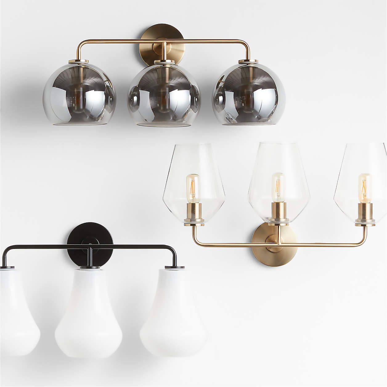 Arren Brass 3-Light Wall Sconce with Milk Round Shades + Reviews | Crate & Barrel | Crate & Barrel