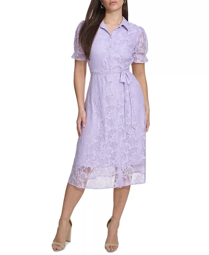 kensie Women's Floral Lace Tie-Waist Shirtdress - Macy's | Macy's