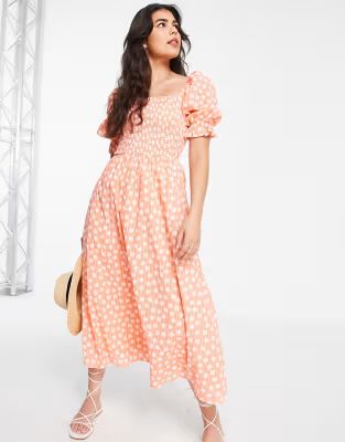 New Look shirred tiered midi in orange pattern | ASOS (Global)