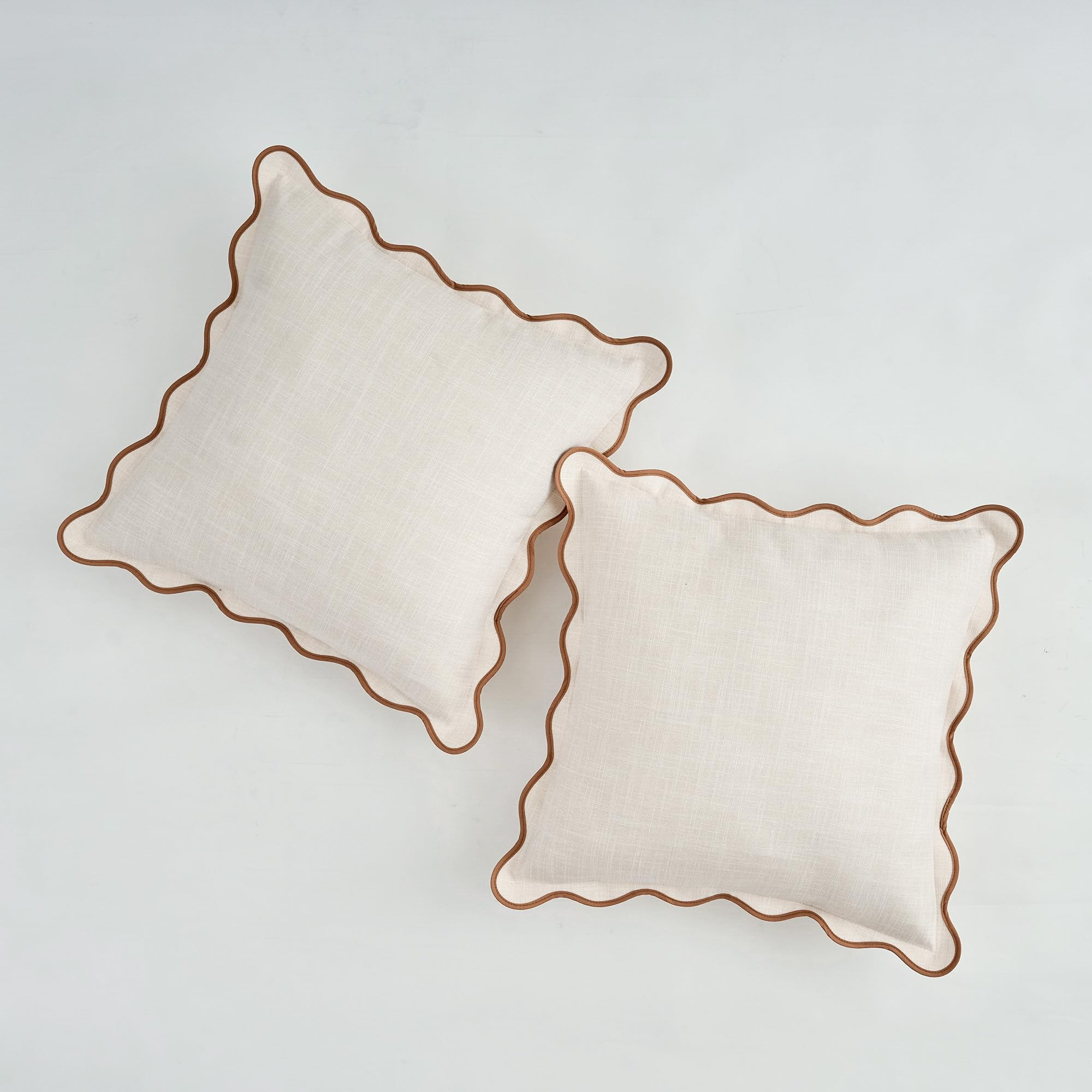 Scalloped Throw Pillow Covers Set of 2 for Living Room, Soft Cotton & Cozy Linen, Boho Sytle Decorative Home (Beige & Khaki, 18x18 Inch) | Amazon (US)